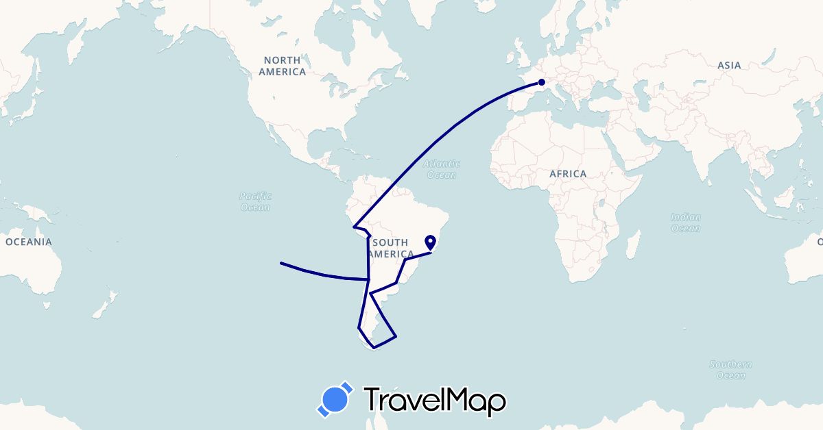 TravelMap itinerary: driving in Argentina, Brazil, Switzerland, Chile, Falkland Islands, Peru (Europe, South America)